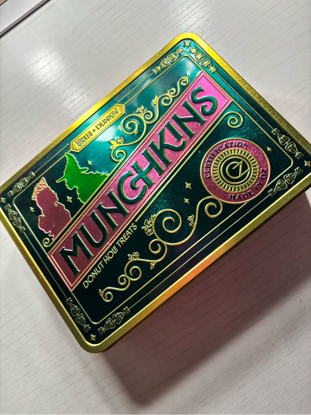 Wicked x Dunkin Munchkins Collectable Tin - Green and Pink Gold Accents